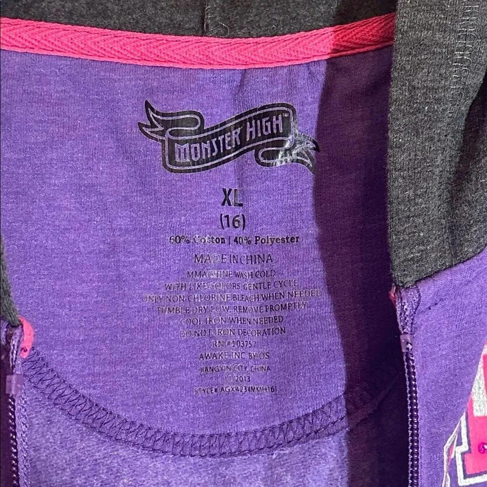 Monster High Girls Zip Up Hooded Sweat Jacket Y2K Hoodie NEW Size XL